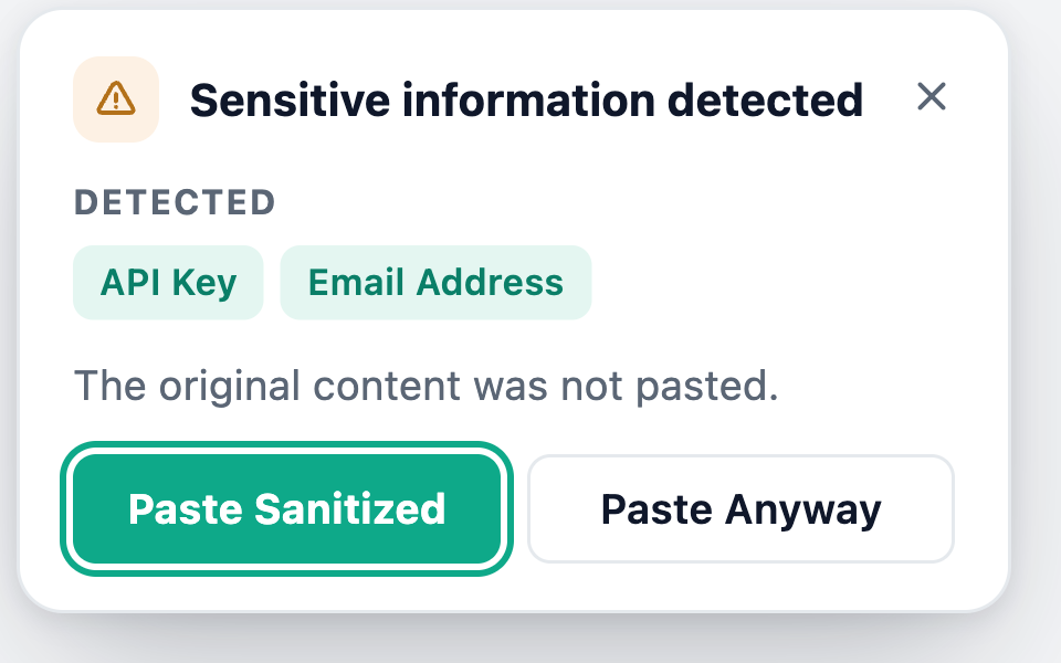 Privacy Shield warning card showing an API key was detected before pasting